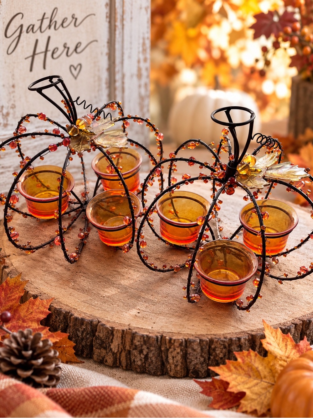 Set 2 Beaded Wire Pumpkin Candle Holders Amber Glass Fall Thanksgiving Decor